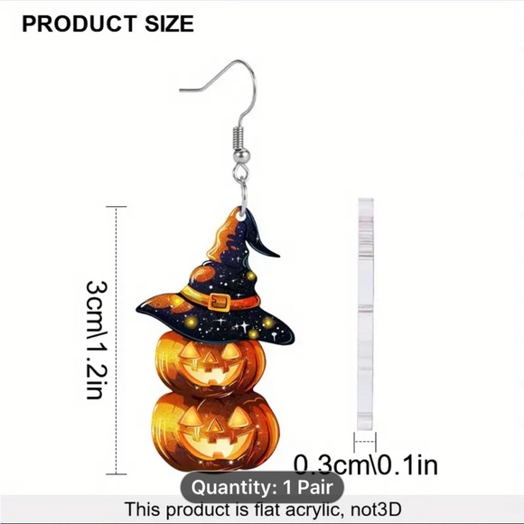 Earrings, NWT, Acrylic, Stainless Steel Posts, Day Of Dead Wizard Hat Pumpkin - Picture 4 of 6